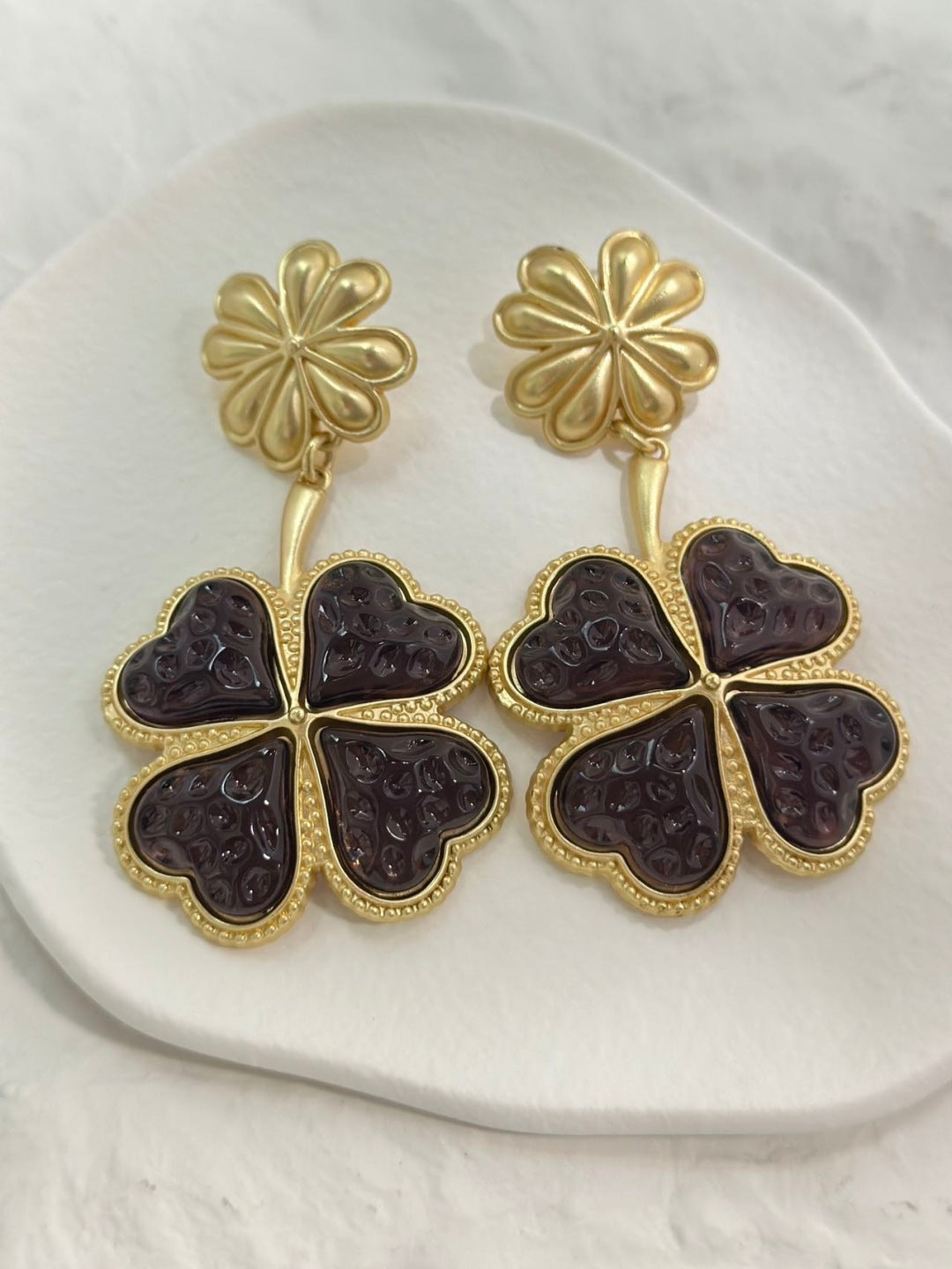 Lucky Clover Drop Earrings – Purple Enamel E02