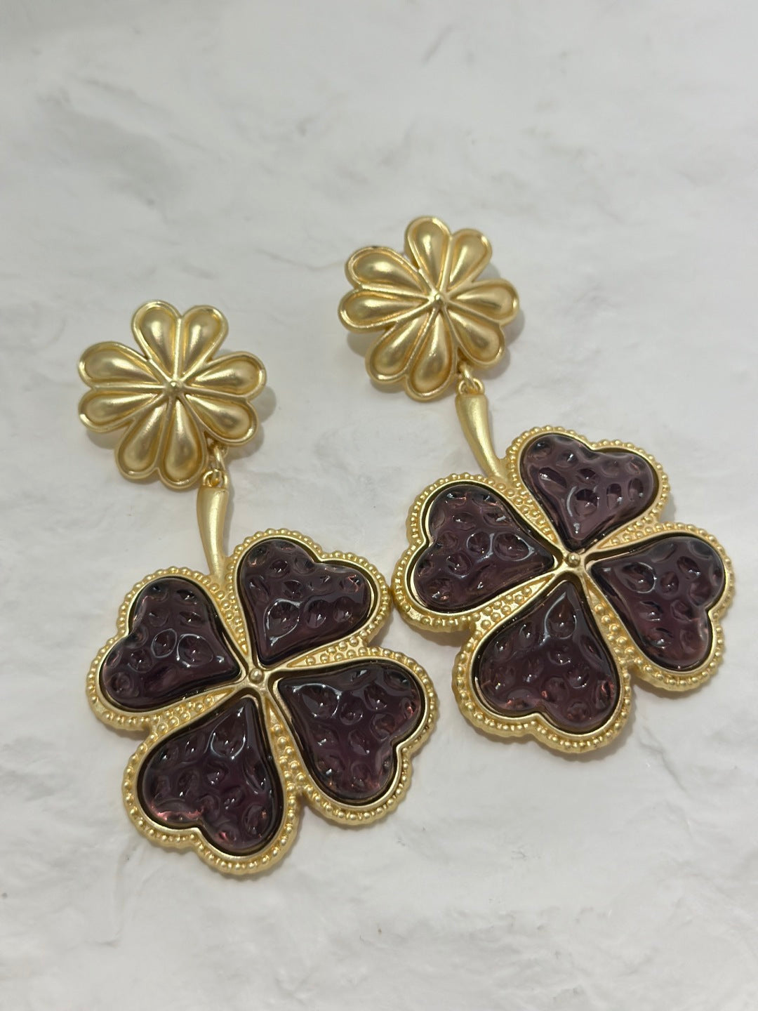 Lucky Clover Drop Earrings – Purple Enamel E02